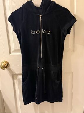 bebe Black Hooded Velour Zip Dress with Rhinestone Trim